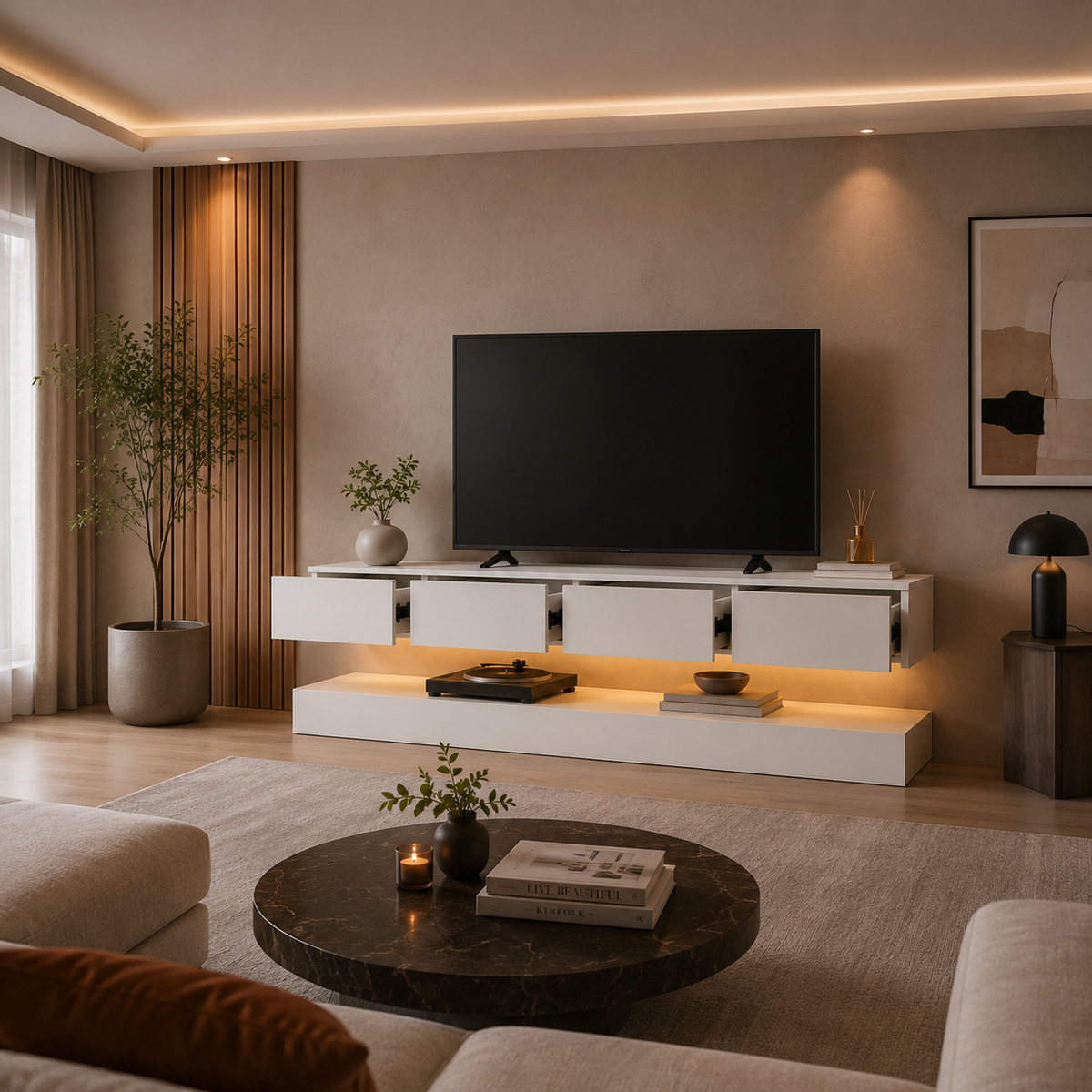 Meuble TV suspendu blanc avec quatre portes ouvertes et module inférieur éclairé, installé dans un salon contemporain