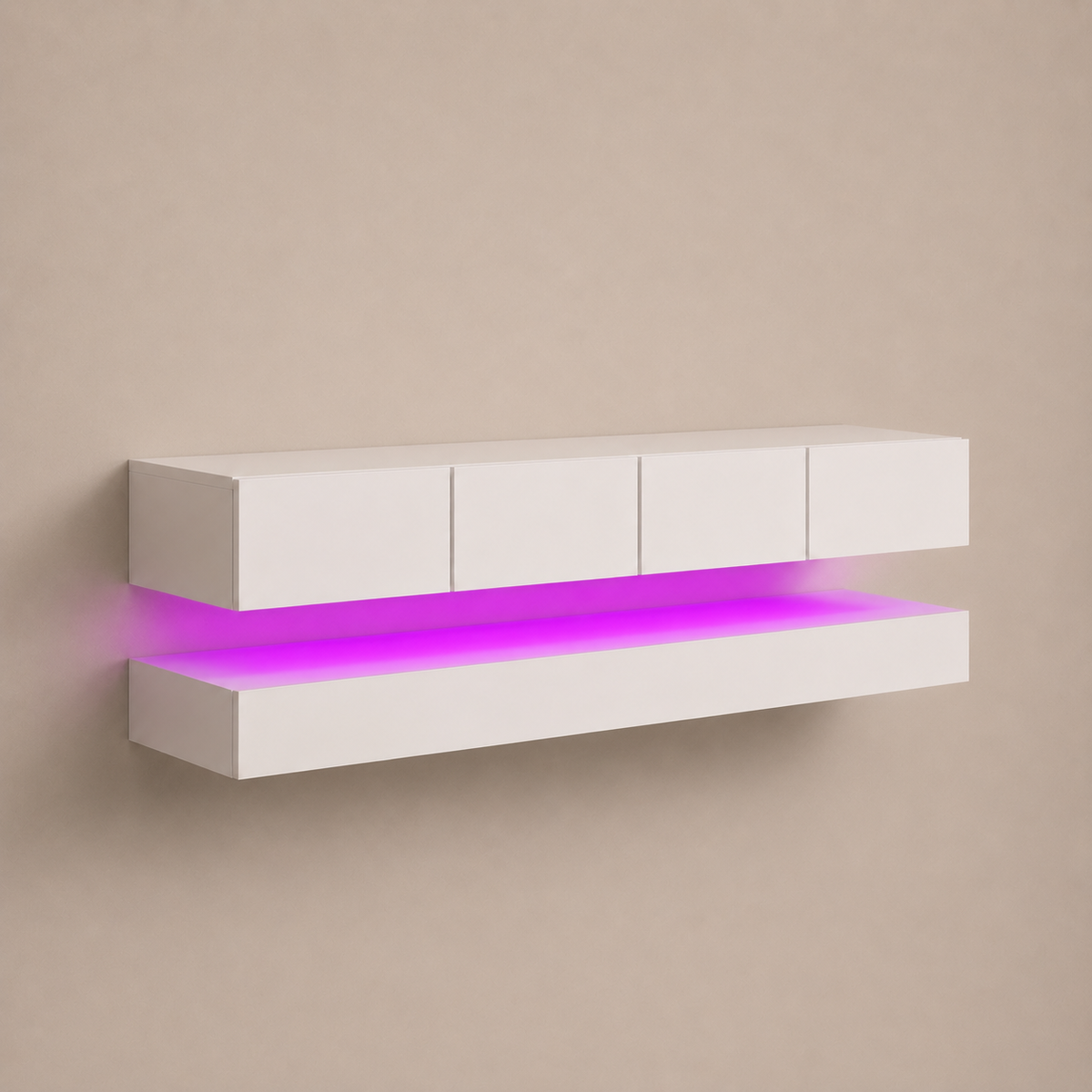 Meuble TV suspendu blanc avec rangements fermés et éclairage LED rose, idéal pour créer un salon moderne, épuré et contemporain.