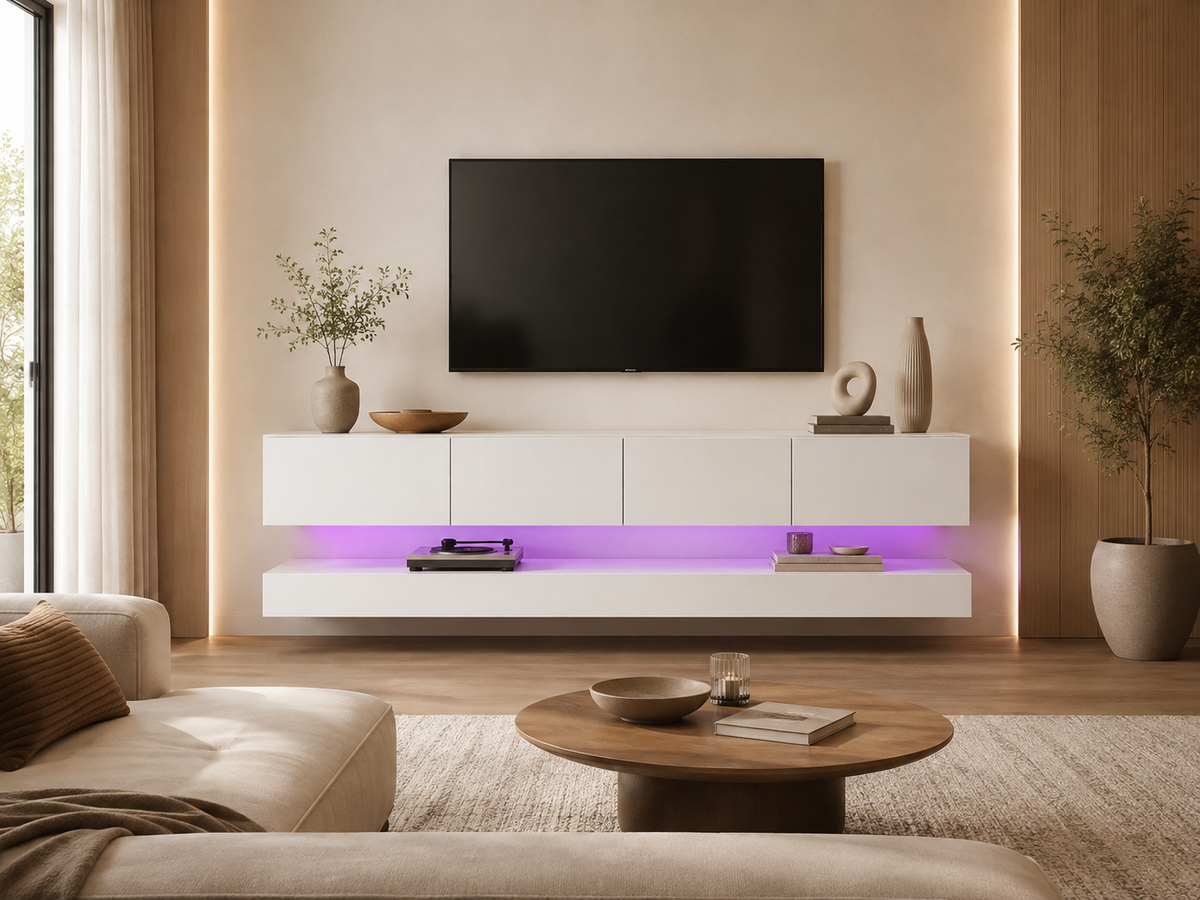 Meuble TV suspendu blanc avec rangements fermés et éclairage LED violet, idéal pour créer un salon moderne, épuré et contemporain.