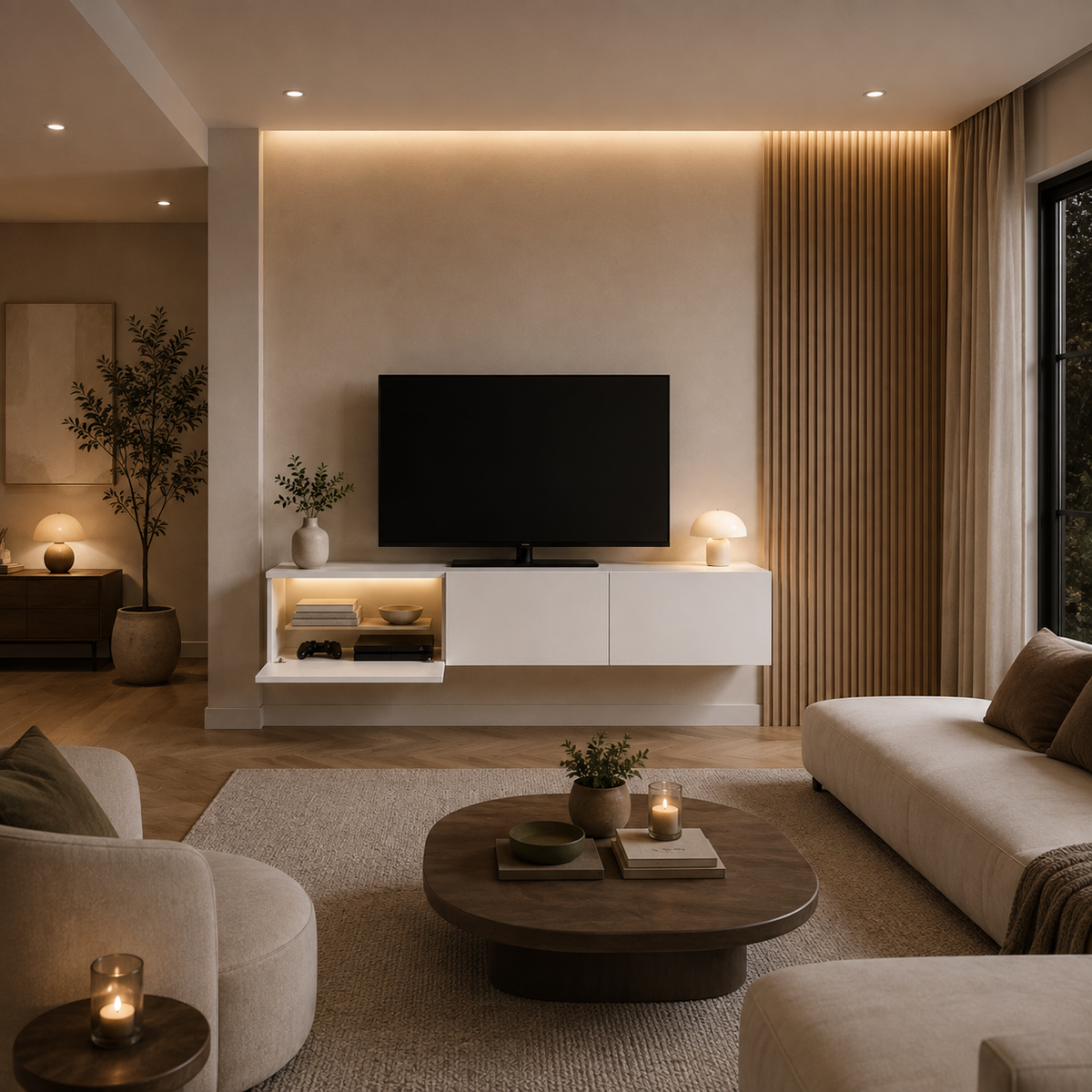 Meuble TV suspendu blanc avec rangement latéral ouvert et façades lisses, installé dans un salon contemporain chaleureux