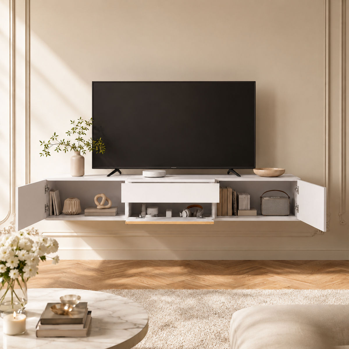Meuble TV suspendu blanc avec portes et compartiments ouverts, pensé pour organiser box, livres et accessoires dans un salon lumineux et élégant.
