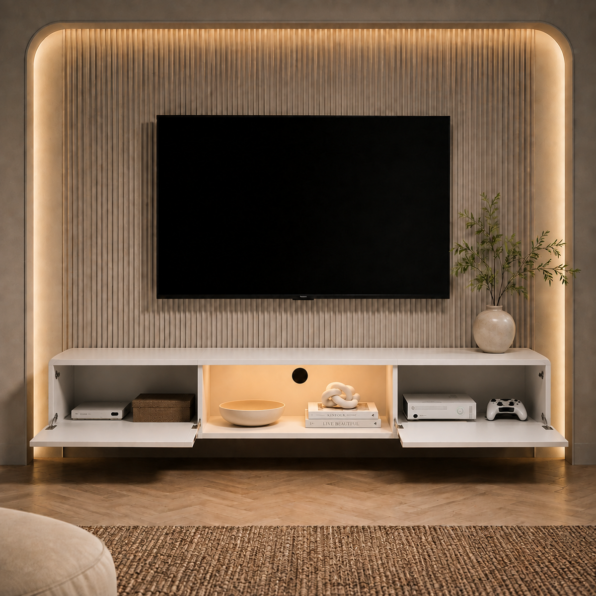 Meuble TV suspendu blanc avec compartiments ouverts et niche centrale éclairée, conçu pour ranger consoles, box et accessoires multimédias.