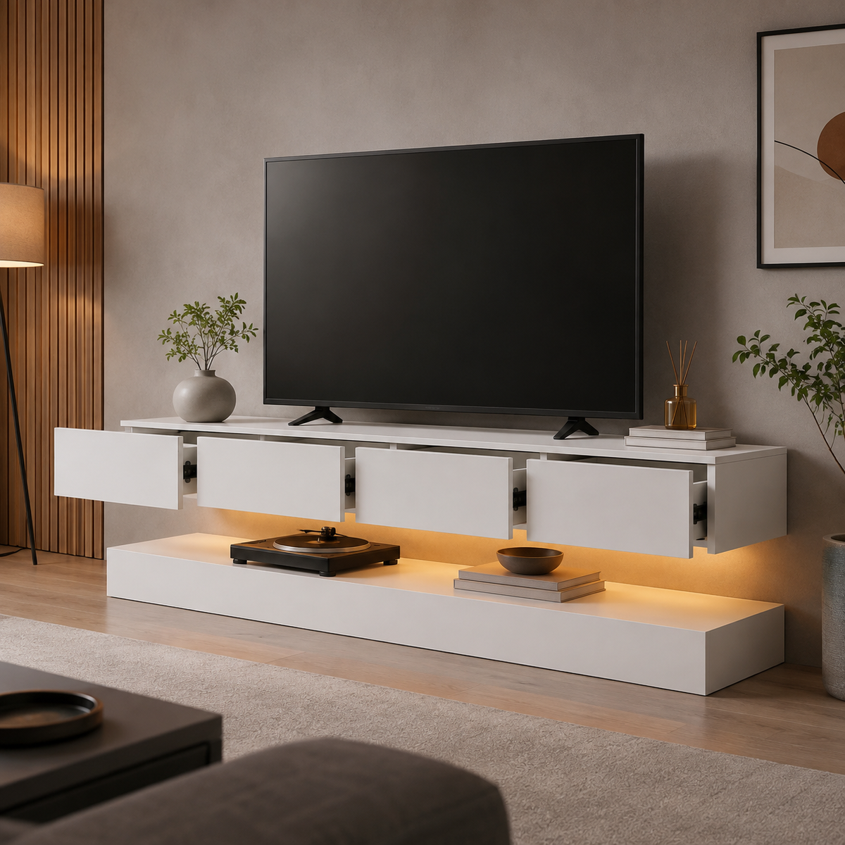 Meuble TV suspendu blanc avec quatre compartiments ouverts et espace inférieur éclairé, pensé pour organiser appareils et accessoires multimédias.