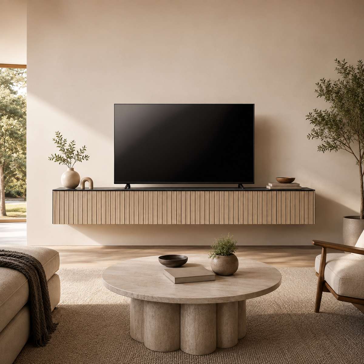 Meuble TV suspendu en bois clair à façade cannelée, intégré dans un salon lumineux pour un rendu chaleureux, moderne et élégant.