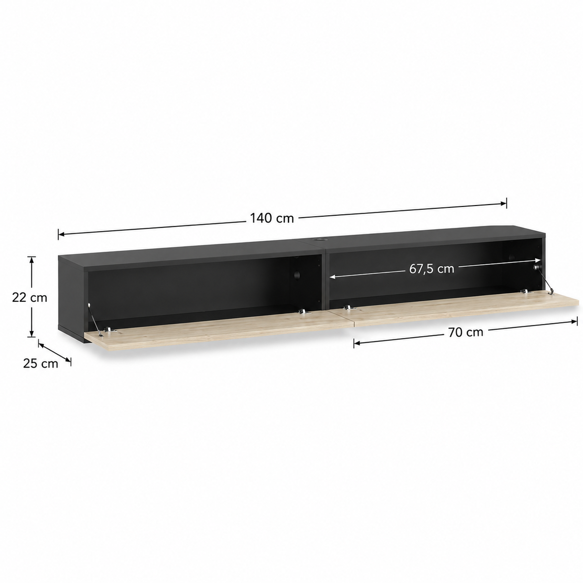 Meuble TV suspendu 140 cm avec structure noire, façade bois clair abattante et dimensions 140 × 25 × 22 cm.