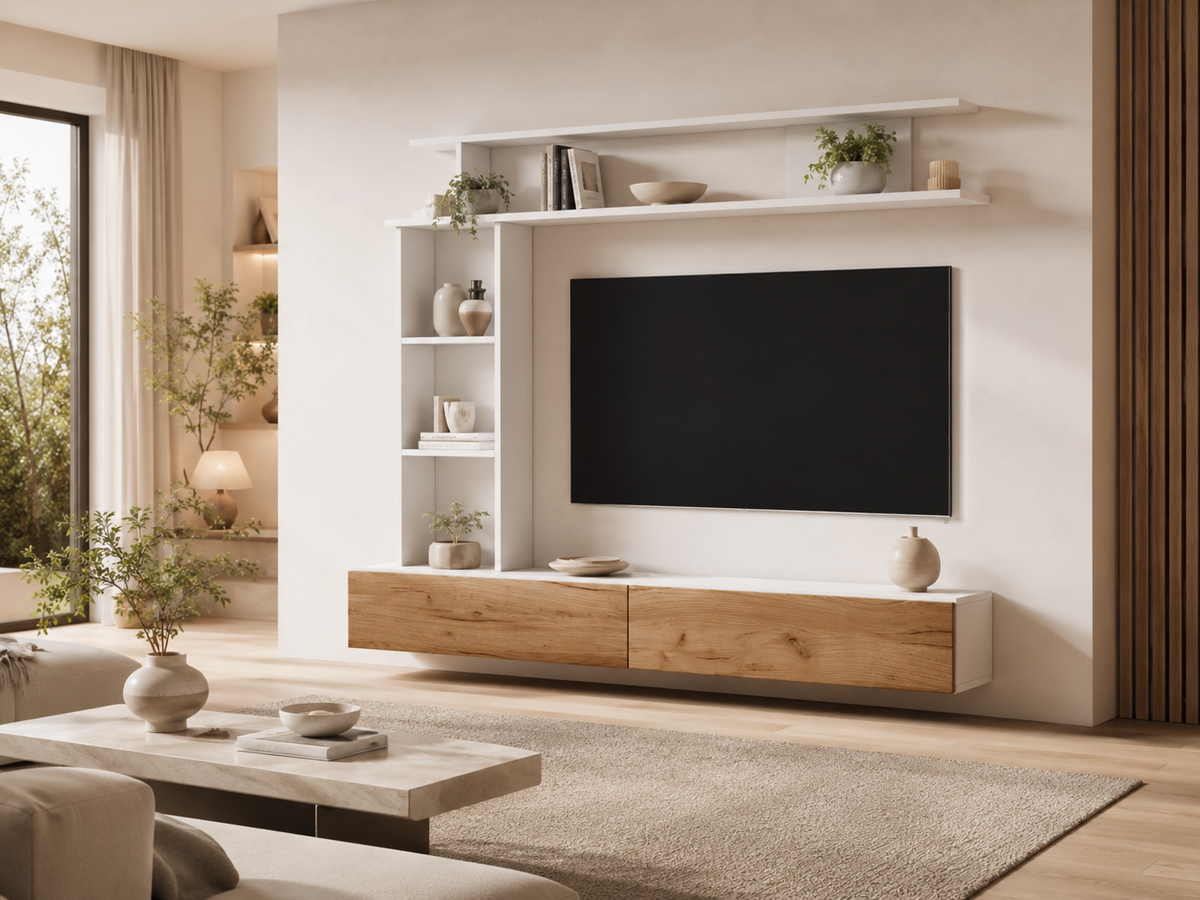 Meuble TV suspendu en bois et blanc avec rangements fermés, étagères murales et colonne ouverte pour un salon moderne et chaleureux.