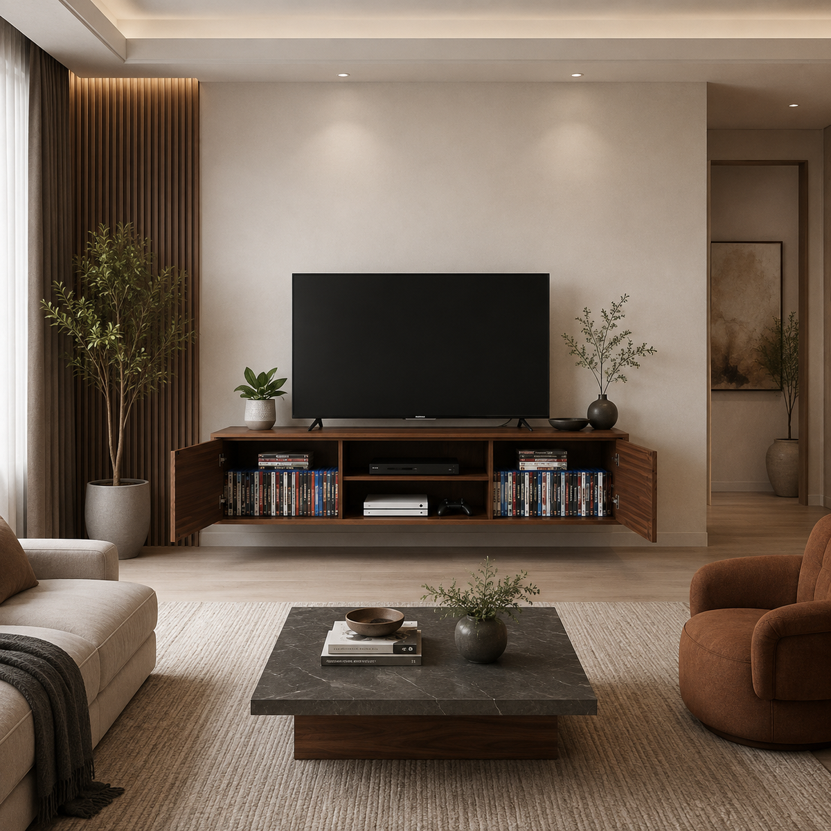 Meuble TV suspendu en bois foncé avec portes ouvertes, niche centrale et espaces de rangement, installé dans un salon contemporain