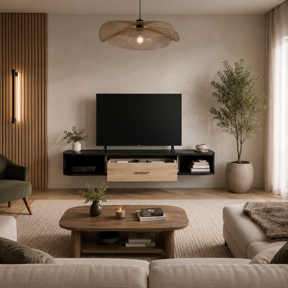Meuble TV suspendu noir avec tiroir central en bois clair et niches ouvertes, installé dans un salon contemporain.