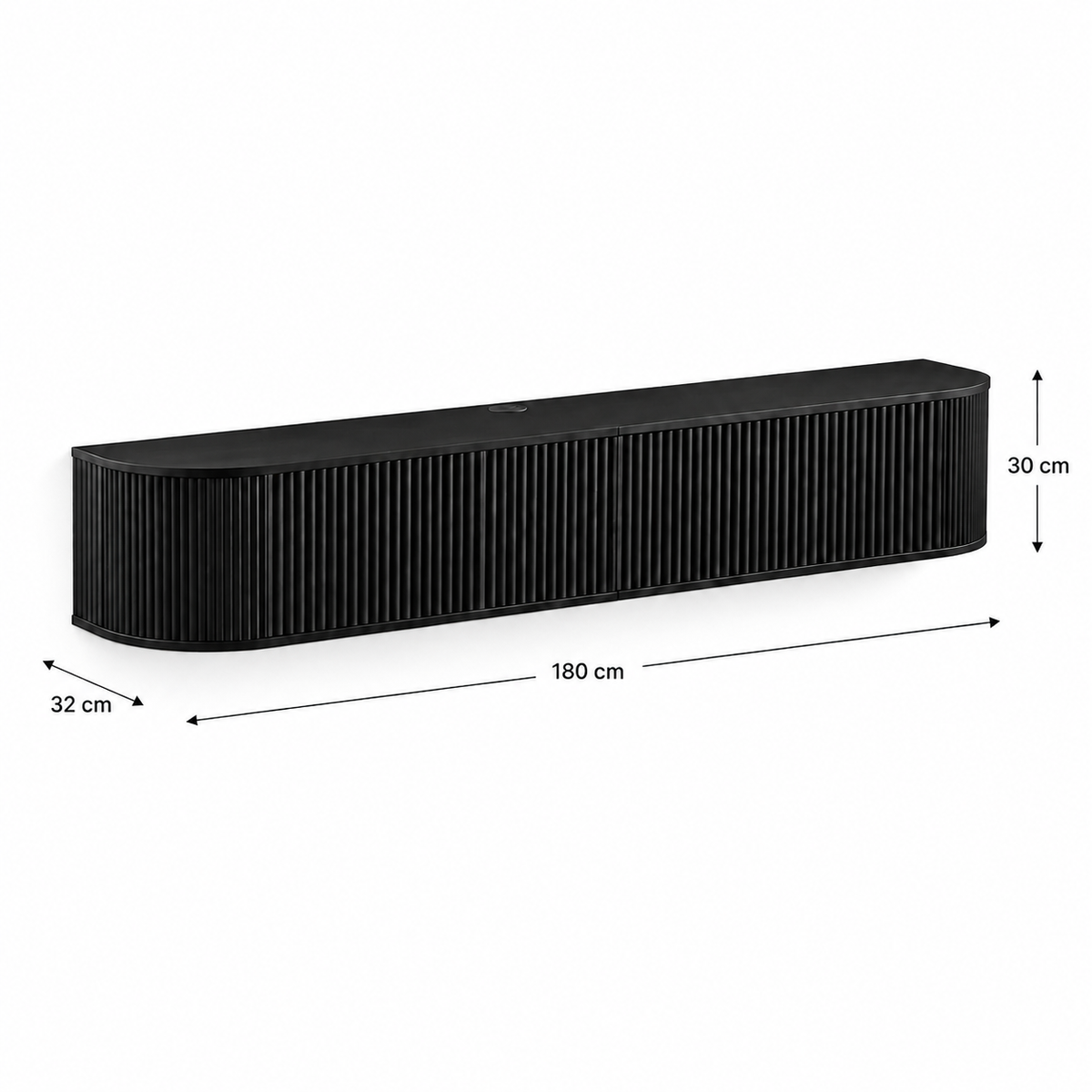 Meuble TV suspendu noir à façade cannelée, dimensions 180 × 32 × 30 cm, présenté en vue de trois quarts