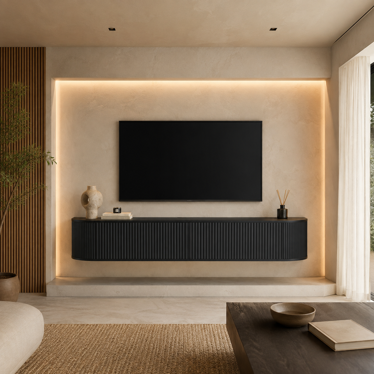Meuble TV suspendu noir à façade cannelée intégré dans un salon contemporain avec éclairage chaleureux, pour un rendu élégant et premium.