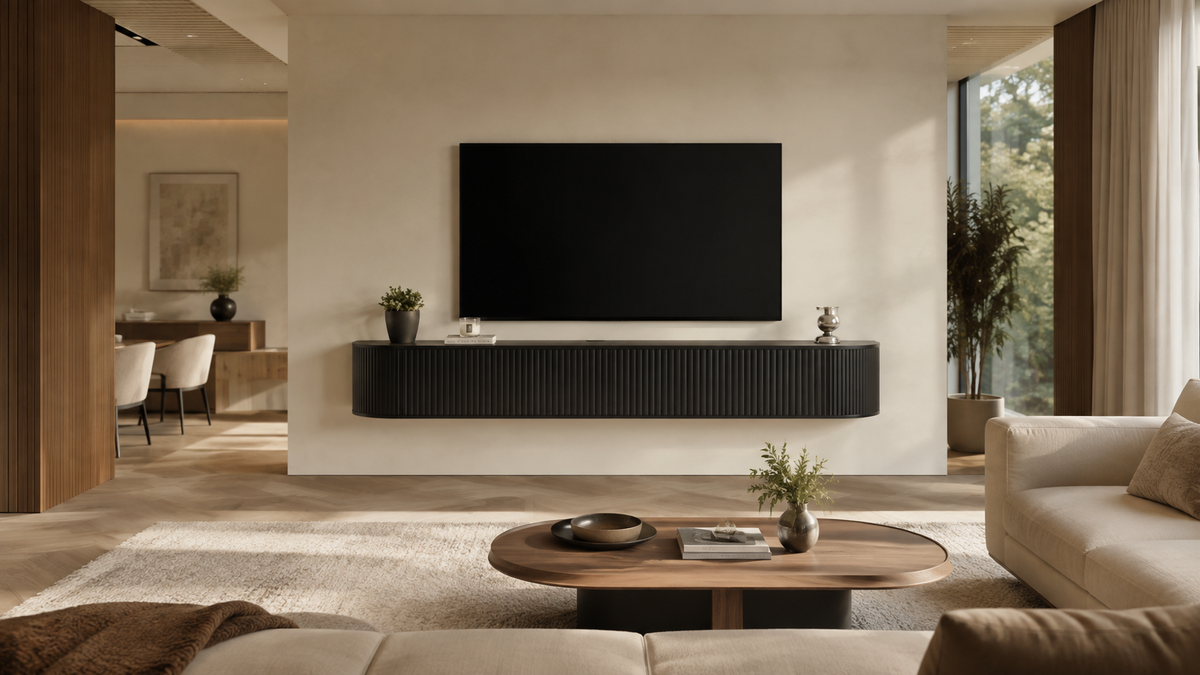 Meuble TV suspendu noir à façade cannelée présenté dans un salon moderne et lumineux, pour une ambiance élégante, épurée et haut de gamme.