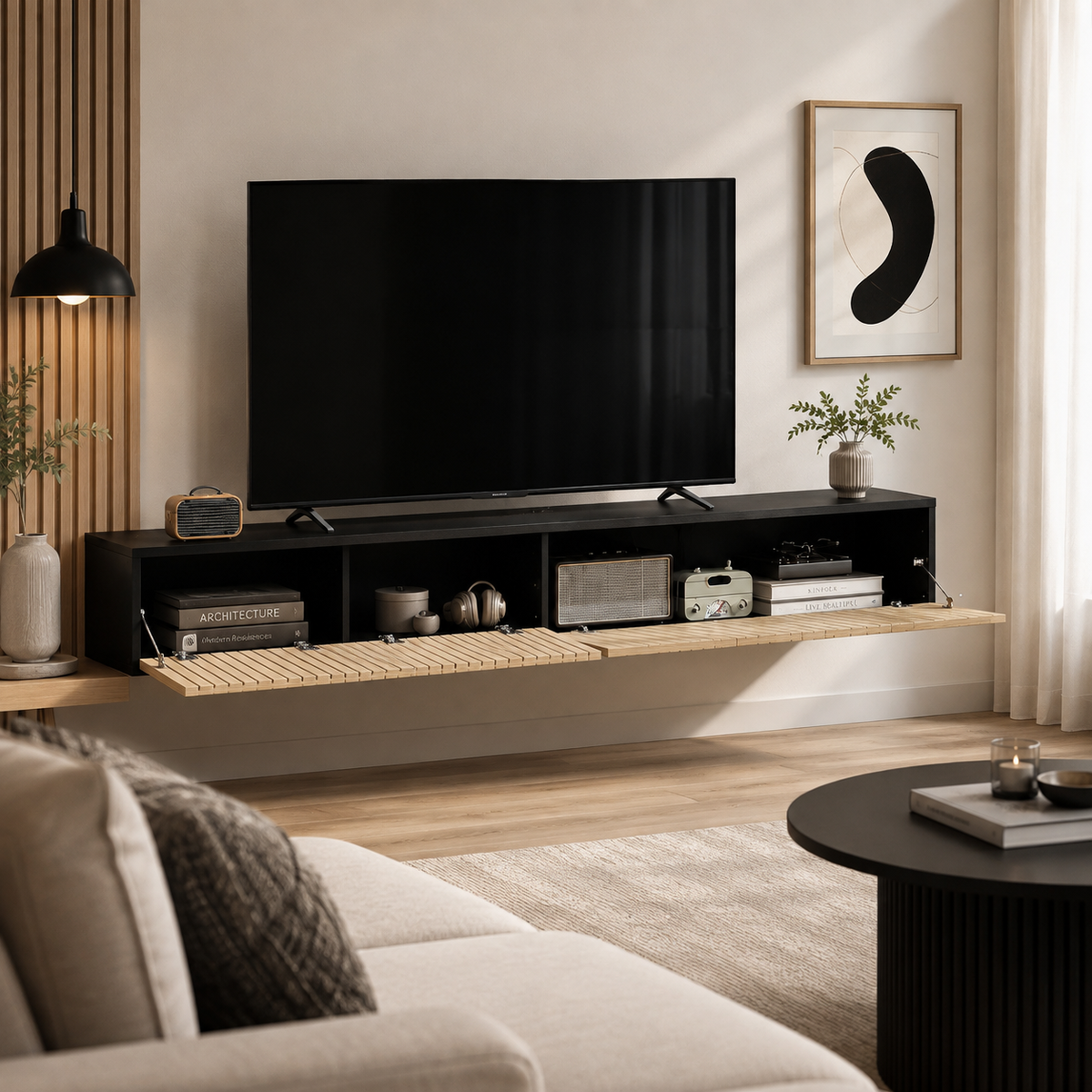 Meuble TV suspendu noir avec façade en bois ouverte et compartiments de rangement, idéal pour organiser livres, accessoires et équipements multimédias.