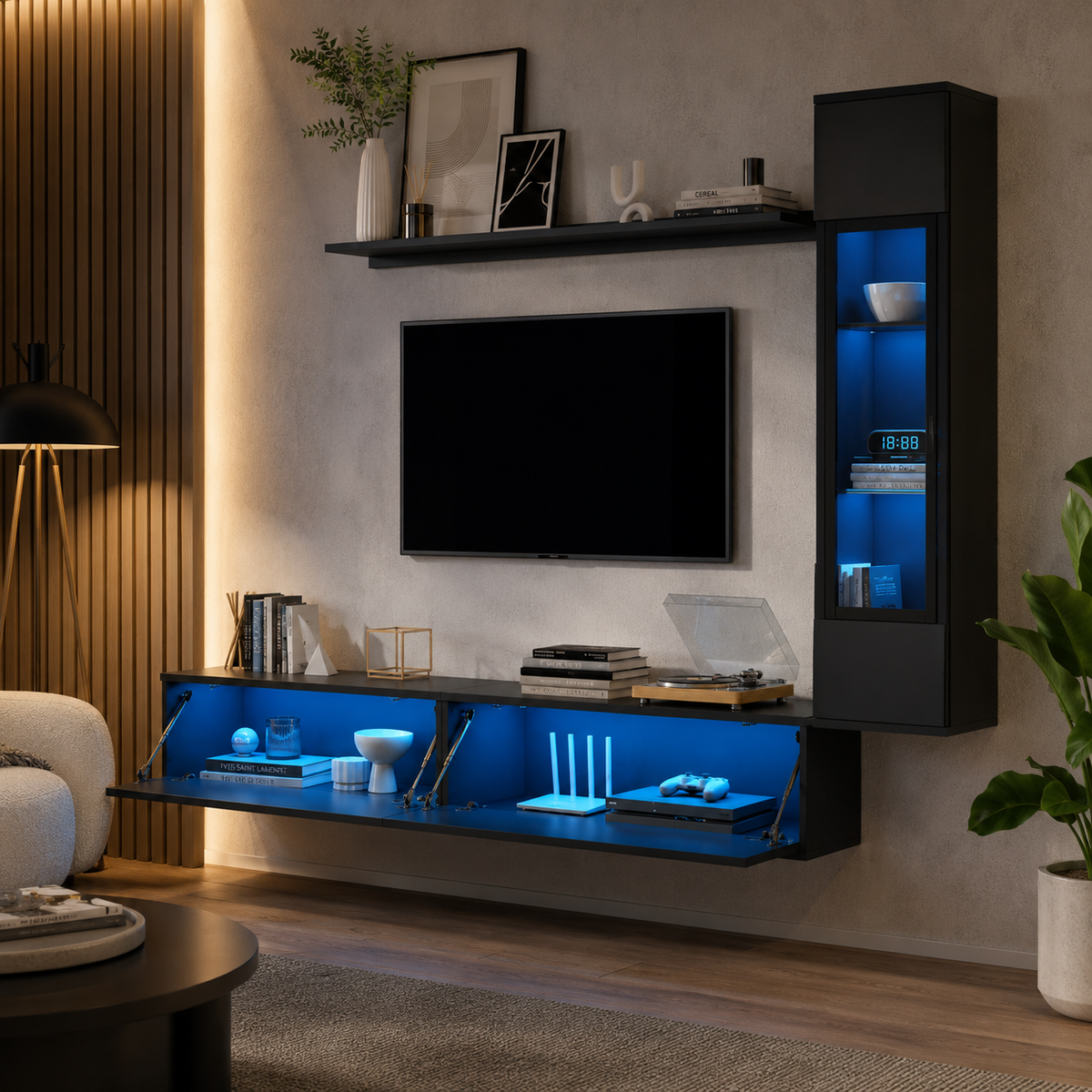 Meuble TV suspendu noir avec compartiments ouverts, colonne vitrée et éclairage LED bleu, idéal pour organiser consoles et accessoires multimédias.