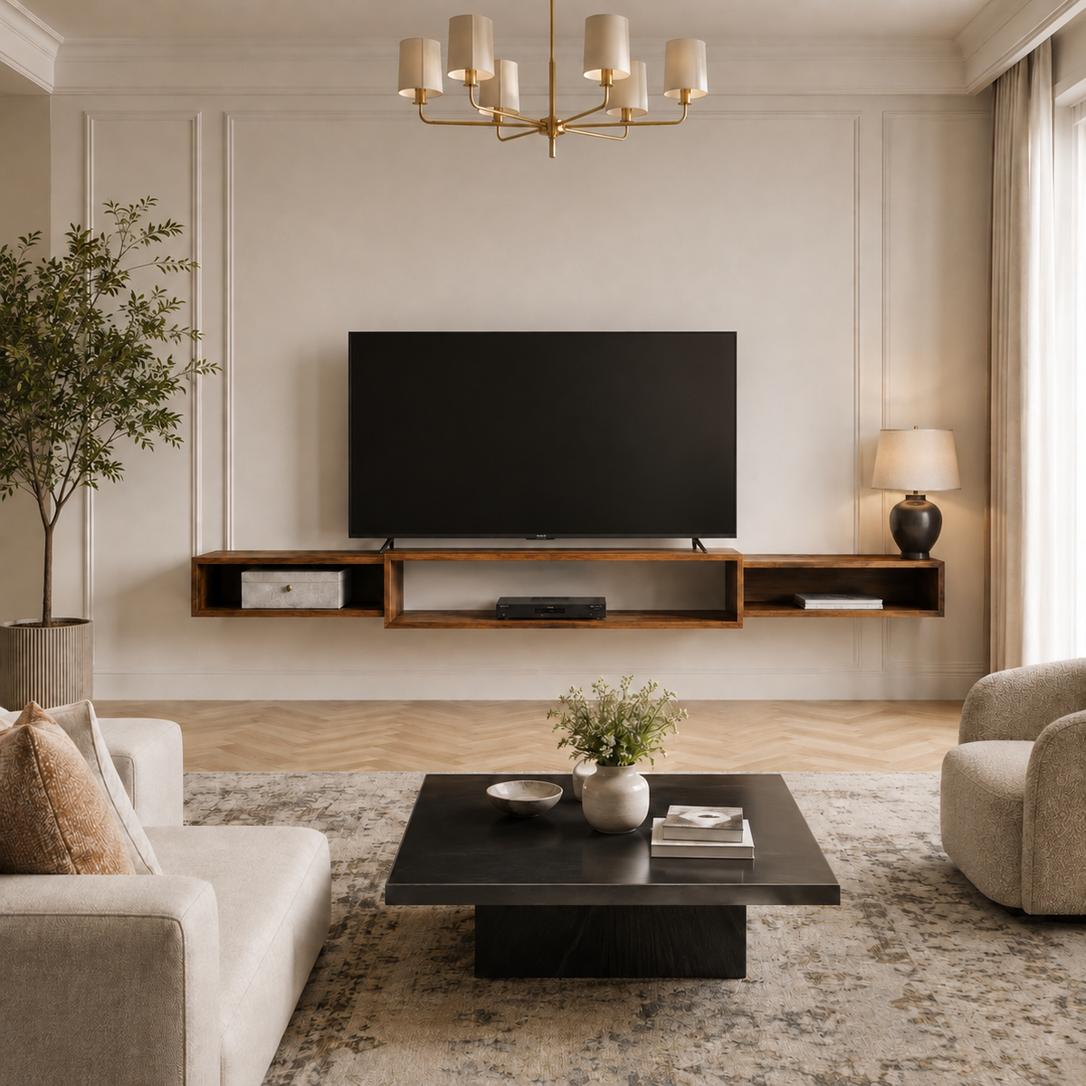 Meuble TV suspendu en bois naturel avec trois niches ouvertes, installé sous une télévision dans un salon élégant et lumineux.