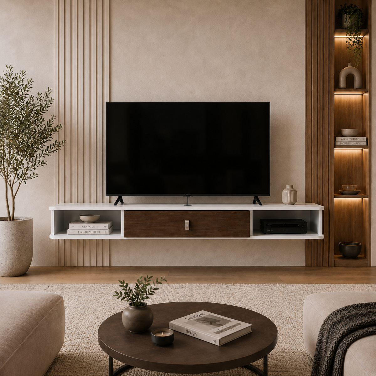 Meuble TV suspendu blanc 140 cm avec rangement central en bois foncé et niches ouvertes, installé dans un salon contemporain.