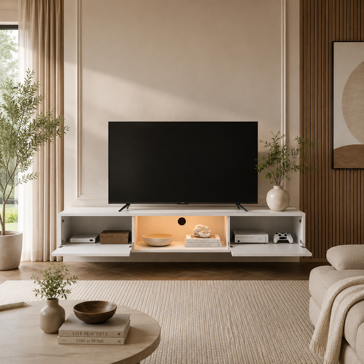 Meuble TV suspendu blanc 160 cm avec deux portes abattantes ouvertes et niche centrale éclairée sous une télévision.