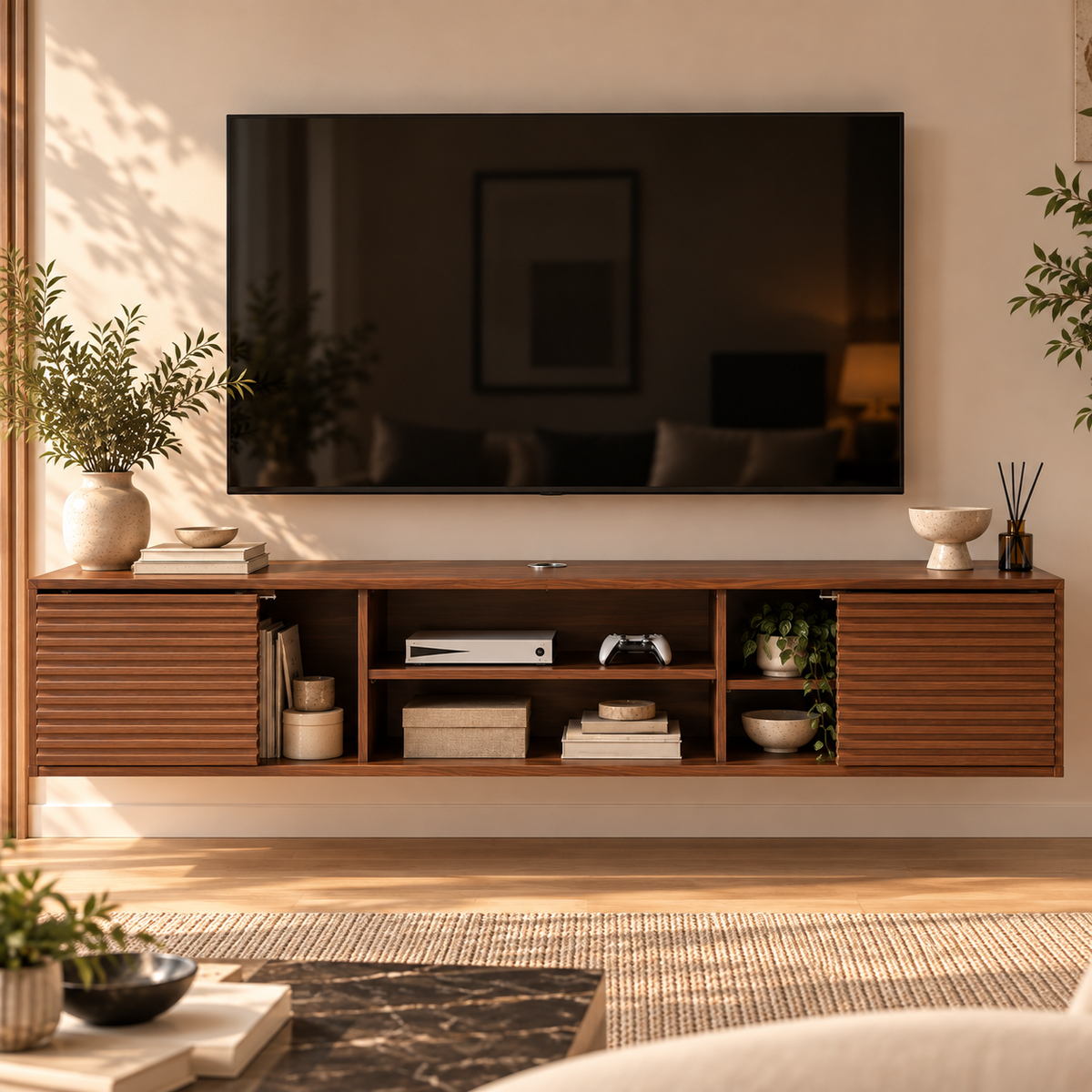 Meuble TV Suspendu 152cm Noyer avec Porte Coulissante